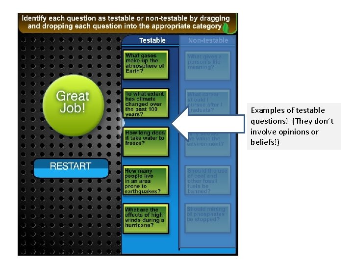 Examples of testable questions! (They don’t involve opinions or beliefs!) 