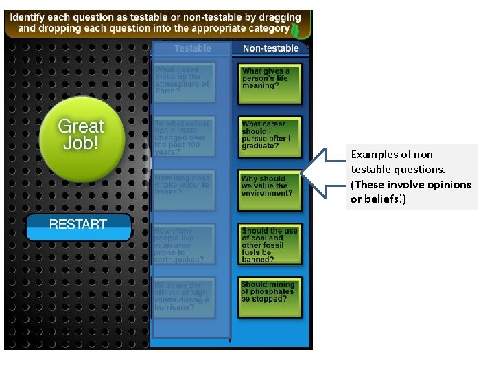 Examples of nontestable questions. (These involve opinions or beliefs!) 