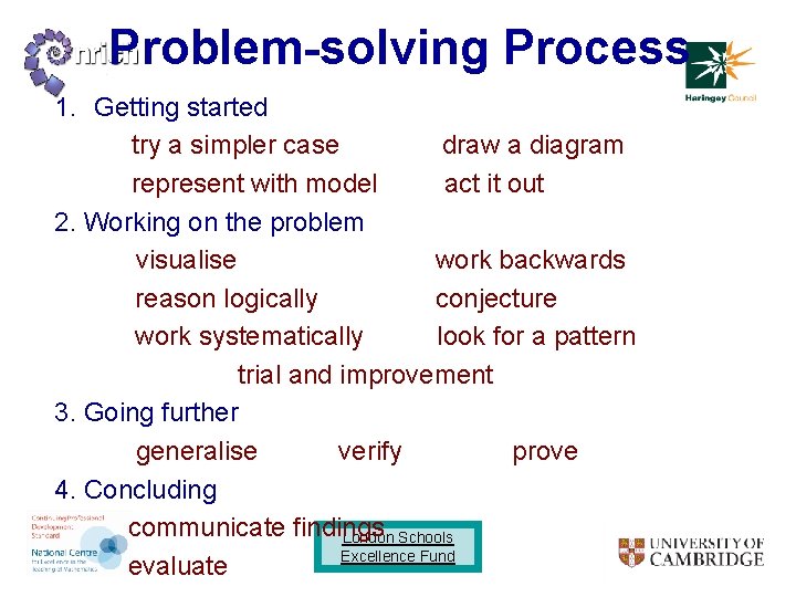 Problem-solving Process 1. Getting started try a simpler case draw a diagram represent with