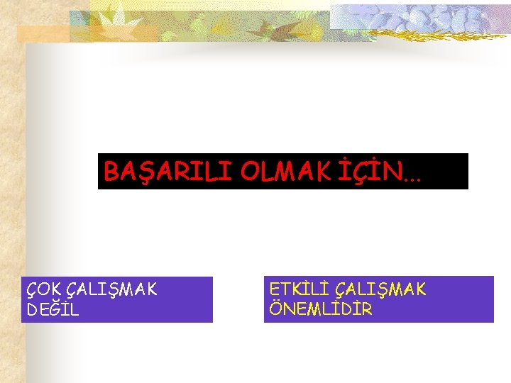 BAŞARILI OLMAK İÇİN. . . ÇOK ÇALIŞMAK DEĞİL ETKİLİ ÇALIŞMAK ÖNEMLİDİR 