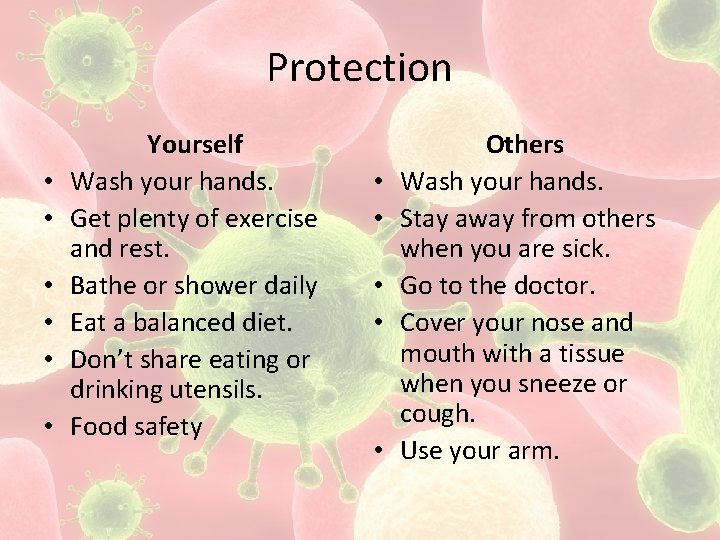 Protection • • • Yourself Wash your hands. Get plenty of exercise and rest.