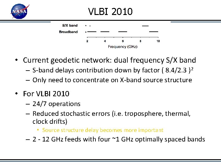 VLBI 2010 • Current geodetic network: dual frequency S/X band – S-band delays contribution