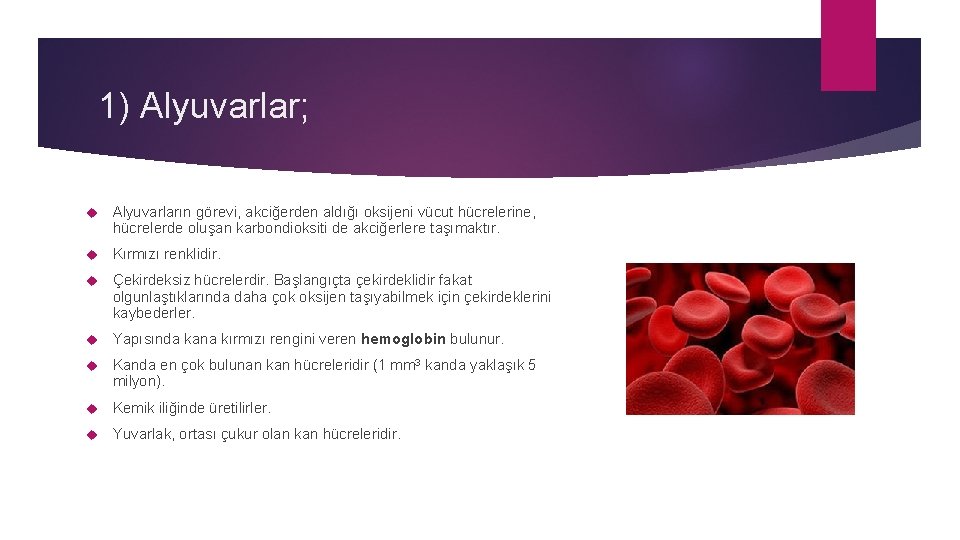 1) Alyuvarlar; Alyuvarların görevi, akciğerden aldığı oksijeni vücut hücrelerine, hücrelerde oluşan karbondioksiti de akciğerlere