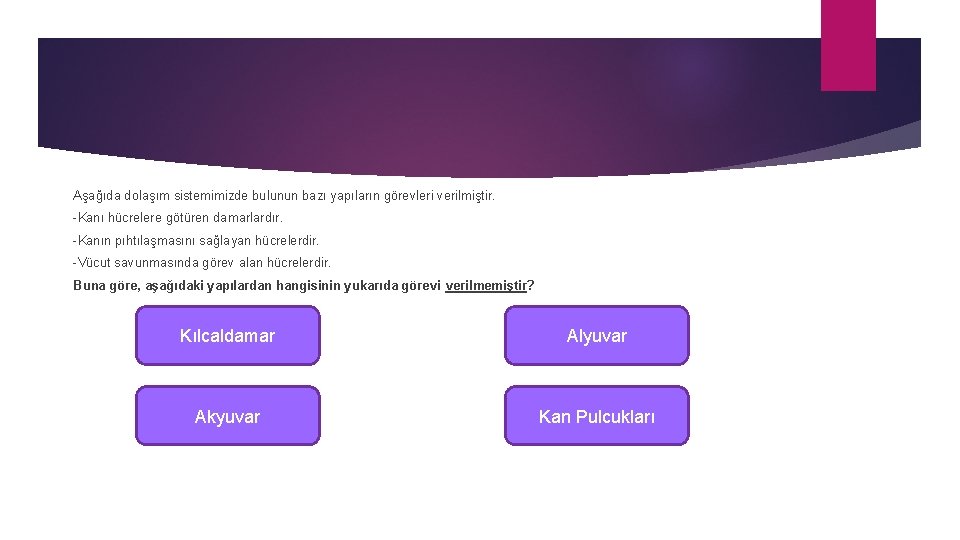 Aşağıda dolaşım sistemimizde bulunun bazı yapıların görevleri verilmiştir. -Kanı hücrelere götüren damarlardır. -Kanın pıhtılaşmasını