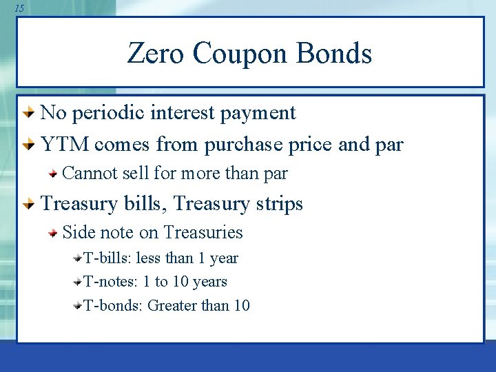 15 Zero Coupon Bonds No periodic interest payment YTM comes from purchase price and