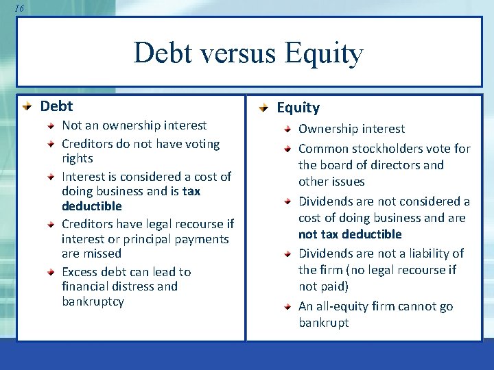16 Debt versus Equity Debt Not an ownership interest Creditors do not have voting