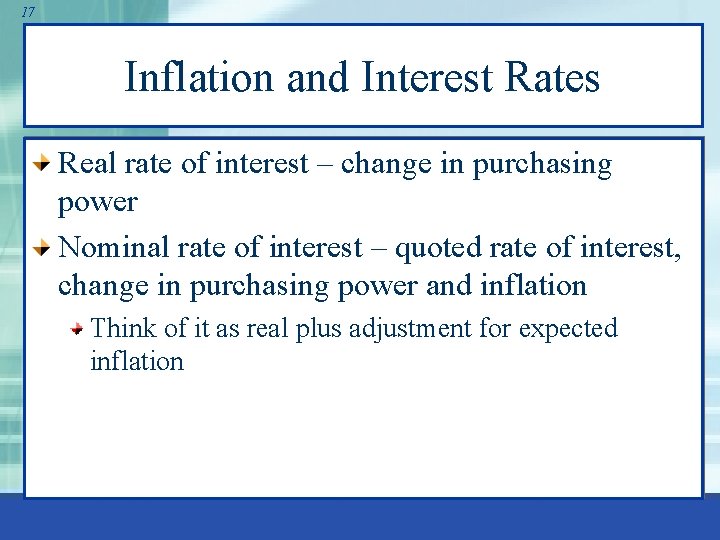 17 Inflation and Interest Rates Real rate of interest – change in purchasing power