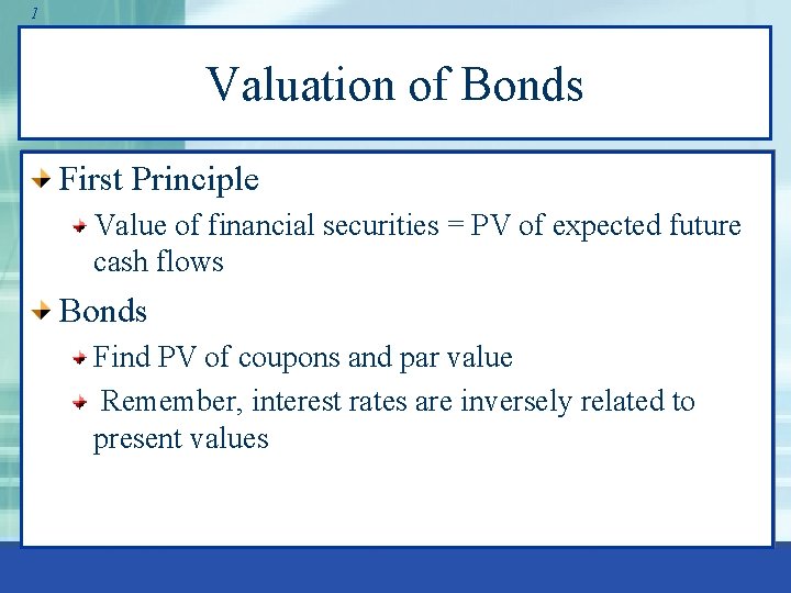 1 Valuation of Bonds First Principle Value of financial securities = PV of expected