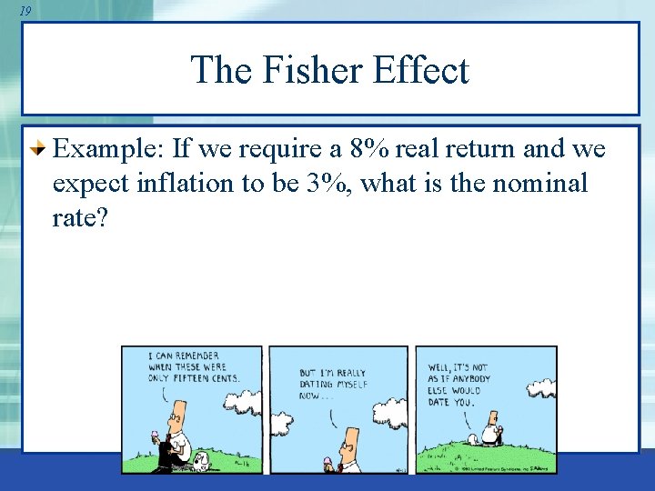 19 The Fisher Effect Example: If we require a 8% real return and we