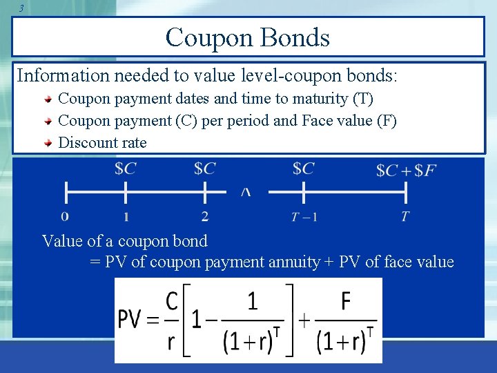 3 Coupon Bonds Information needed to value level-coupon bonds: Coupon payment dates and time