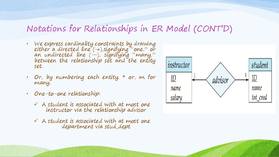 Notations for Relationships in ER Model (CONT’D) • We express cardinality constraints by drawing Notations for Relationships in ER Model (CONT’D) • We express cardinality constraints by drawing