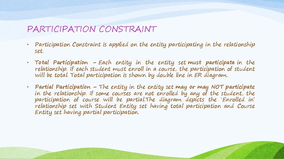 PARTICIPATION CONSTRAINT • Participation Constraint is applied on the entity participating in the relationship PARTICIPATION CONSTRAINT • Participation Constraint is applied on the entity participating in the relationship