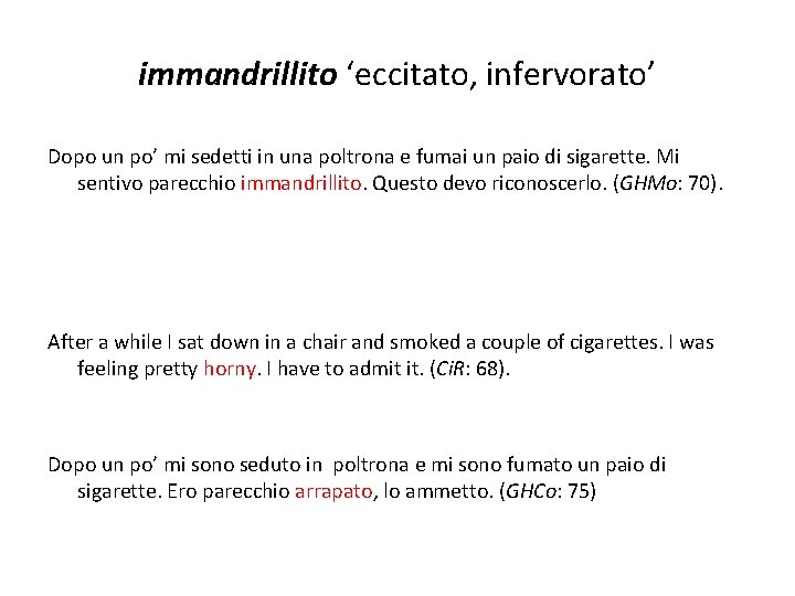 immandrillito ‘eccitato, infervorato’ Dopo un po’ mi sedetti in una poltrona e fumai un