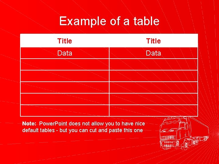 Example of a table Title Data Note: Power. Point does not allow you to