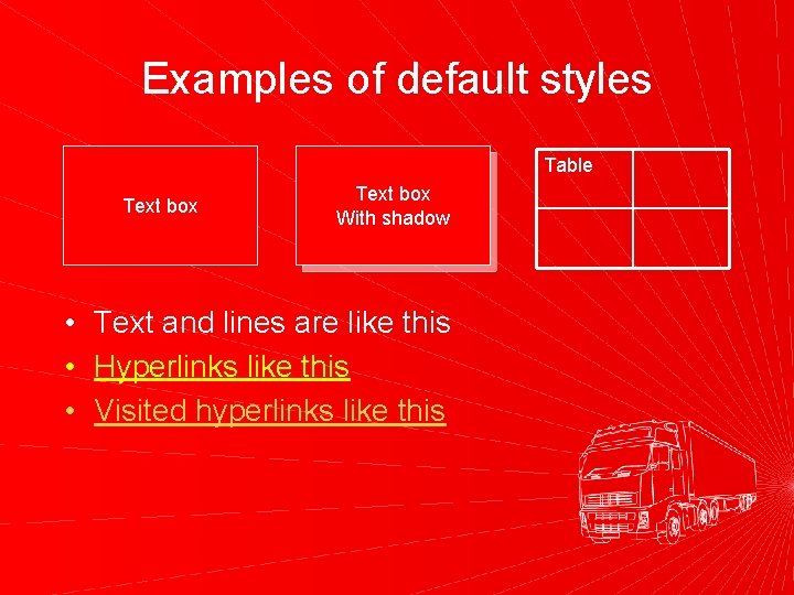 Examples of default styles Table Text box With shadow • Text and lines are