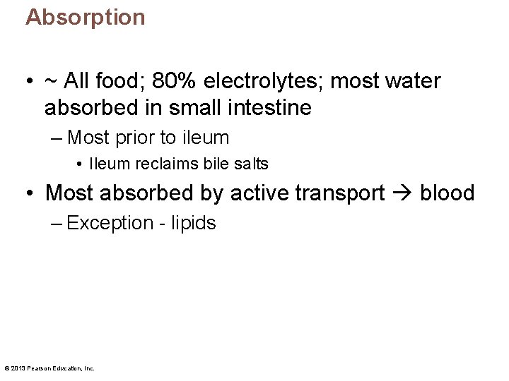 Absorption • ~ All food; 80% electrolytes; most water absorbed in small intestine –