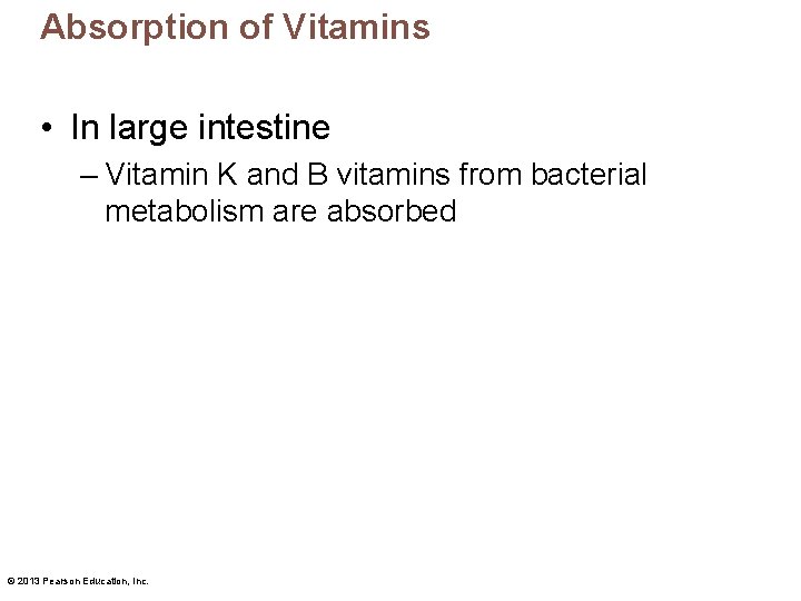 Absorption of Vitamins • In large intestine – Vitamin K and B vitamins from