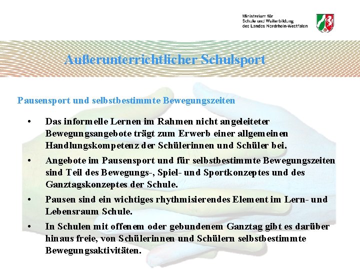 Außerunterrichtlicher Schulsport Pausensport und selbstbestimmte Bewegungszeiten • • Das informelle Lernen im Rahmen nicht