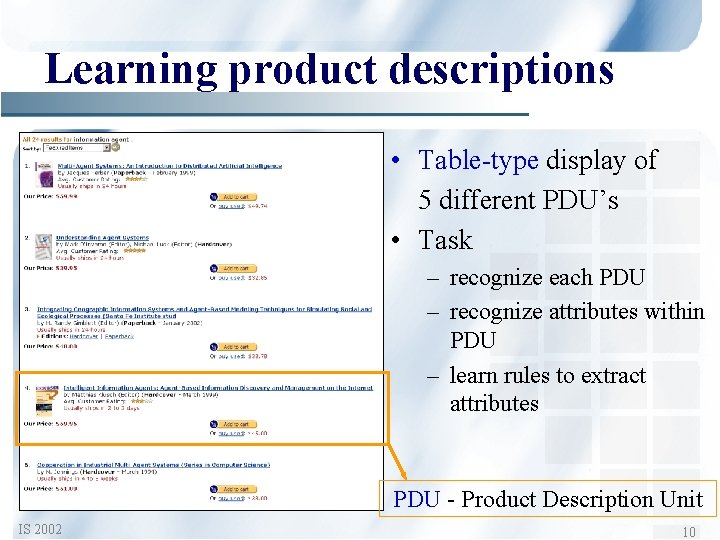 Learning product descriptions • Table-type display of 5 different PDU’s • Task – recognize