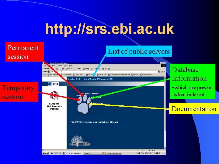 http: //srs. ebi. ac. uk Permanent session Temporary session List of public servers Database