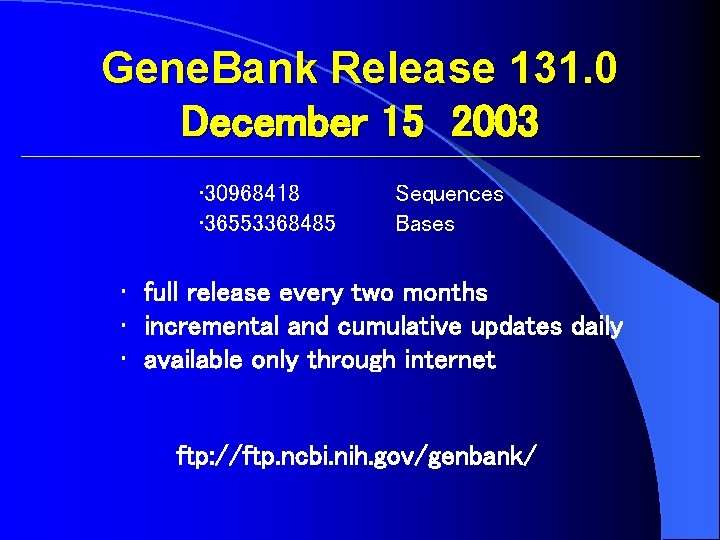 Gene. Bank Release 131. 0 December 15 2003 • 30968418 • 36553368485 Sequences Bases
