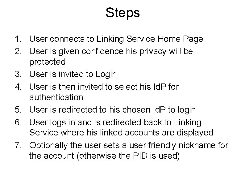 Steps 1. User connects to Linking Service Home Page 2. User is given confidence