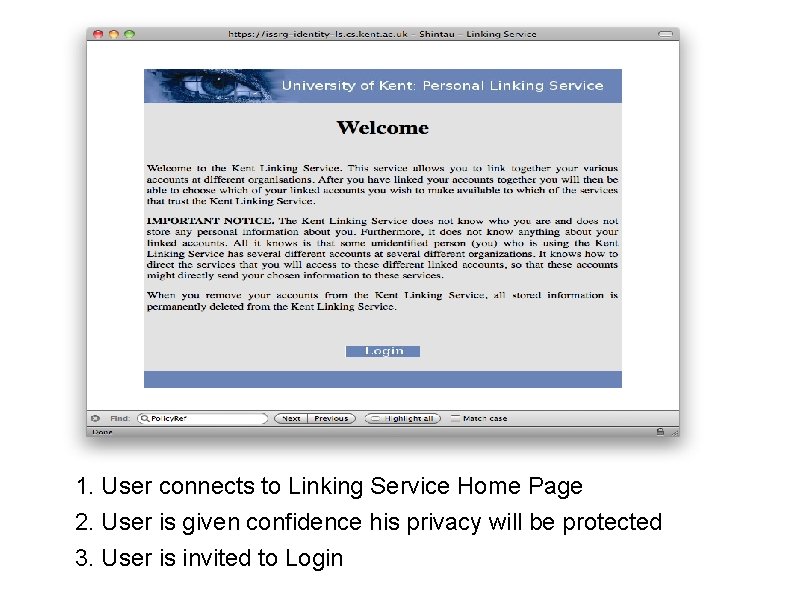 1. User connects to Linking Service Home Page 2. User is given confidence his