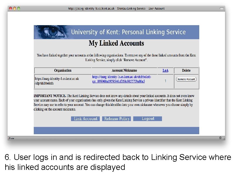 6. User logs in and is redirected back to Linking Service where his linked