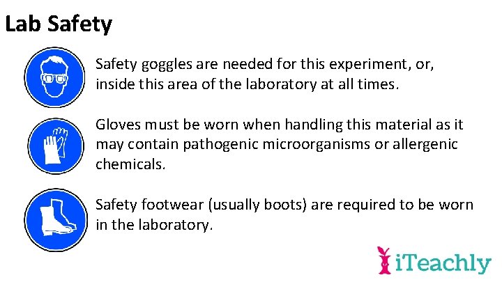 Lab Safety goggles are needed for this experiment, or, inside this area of the