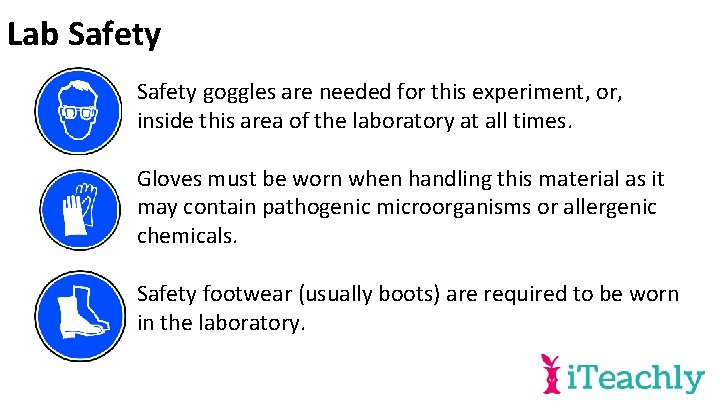 Lab Safety goggles are needed for this experiment, or, inside this area of the