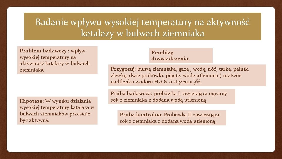 Badanie wpływu wysokiej temperatury na aktywność katalazy w bulwach ziemniaka Problem badawczy : wpływ