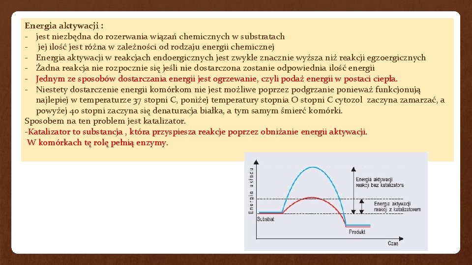 Energia aktywacji : - jest niezbędna do rozerwania wiązań chemicznych w substratach - jej