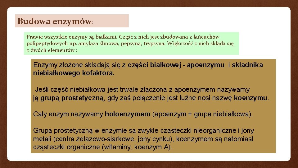 Budowa enzymów: Prawie wszystkie enzymy są białkami. Część z nich jest zbudowana z łańcuchów