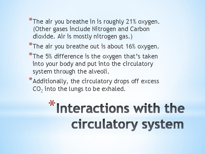 *The air you breathe in is roughly 21% oxygen. (Other gases include Nitrogen and