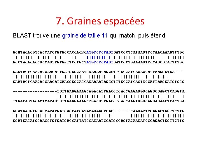 7. Graines espacées BLAST trouve une graine de taille 11 qui match, puis étend