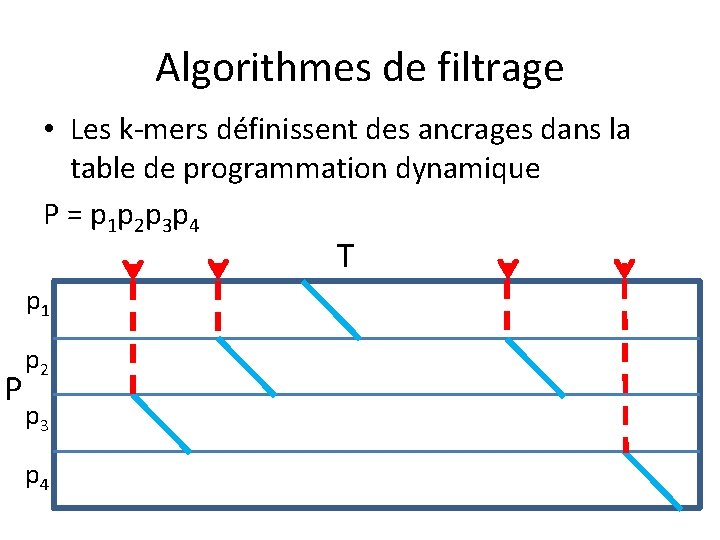 Algorithmes de filtrage • Les k-mers définissent des ancrages dans la table de programmation