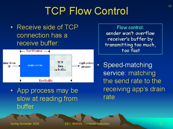 13 TCP Flow Control • Receive side of TCP connection has a receive buffer: