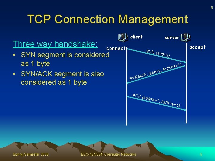 5 TCP Connection Management Three way handshake: client connect • SYN segment is considered