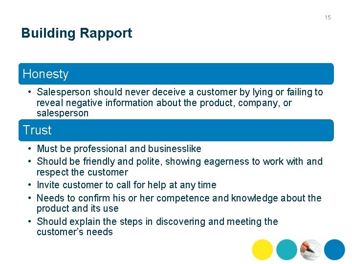 15 Building Rapport Honesty • Salesperson should never deceive a customer by lying or