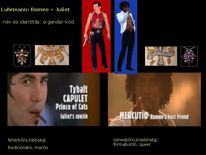 Luhrmann: Romeo + Juliet név és identitás: a gender-kód – fehérbőrű, többségi tradicionális, macho