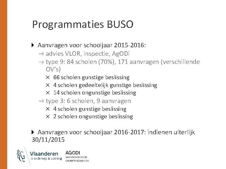 Programmaties BUSO Aanvragen voor schooljaar 2015 -2016: advies VLOR, inspectie, Ag. ODi type 9: