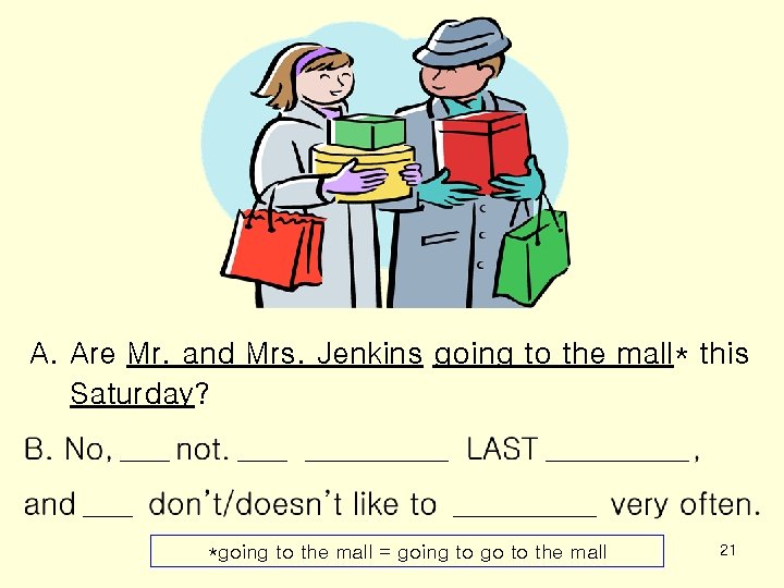 A. Are Mr. and Mrs. Jenkins going to the mall* this Saturday? *going to