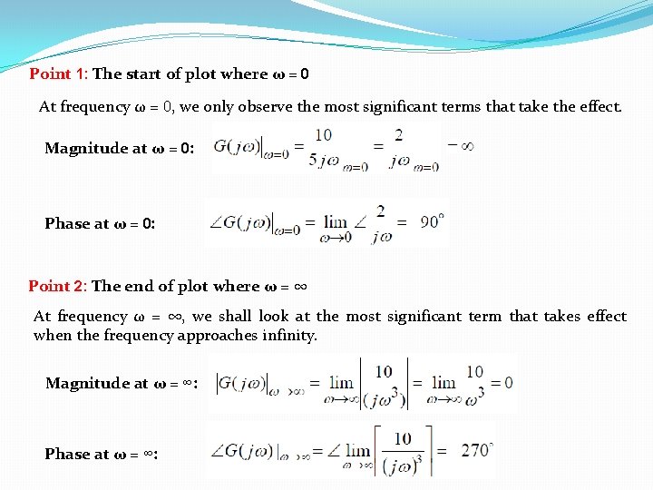 Point 1: The start of plot where ω = 0 At frequency ω = Point 1: The start of plot where ω = 0 At frequency ω =