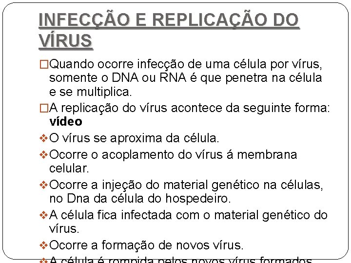 INFECÇÃO E REPLICAÇÃO DO VÍRUS �Quando ocorre infecção de uma célula por vírus, somente
