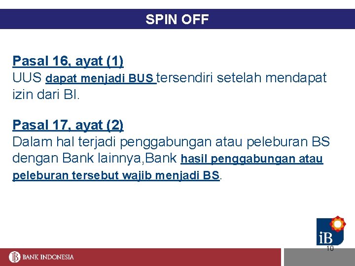 SPIN OFF Pasal 16, ayat (1) UUS dapat menjadi BUS tersendiri setelah mendapat izin