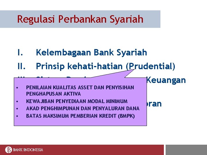 Regulasi Perbankan Syariah I. Kelembagaan Bank Syariah II. Prinsip kehati-hatian (Prudential) III. Sistem Pembayaran/Pasar