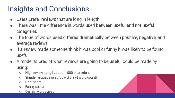Insights and Conclusions ● Users prefer reviews that are long in length ● There