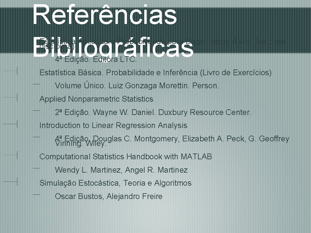 Referências Bibliográficas Estatística Aplicada e Probabilidade para Engenheiros (Livro Texto da disciplina) 4ª Edição.