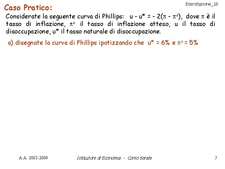 Esercitazione_16 Caso Pratico: Considerate la seguente curva di Phillips: u - u* = -