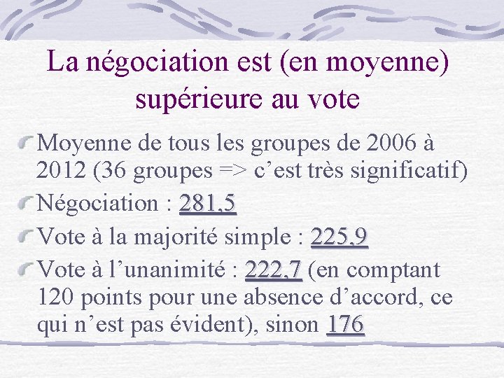 La négociation est (en moyenne) supérieure au vote Moyenne de tous les groupes de